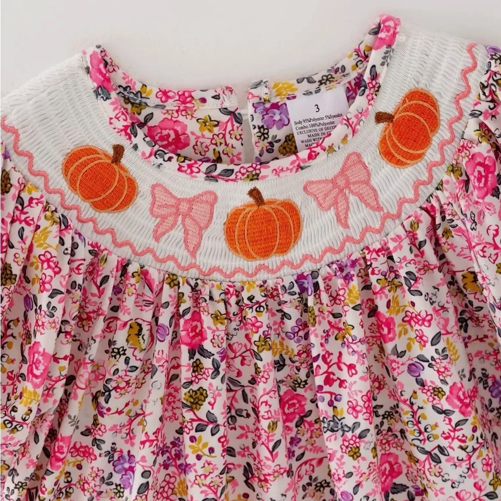 NEW Girls Fall Floral Halloween Smocked Pumpkin Embroidered Short Sleeve Dress